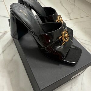 Versace Black Mules with Gold Medallion